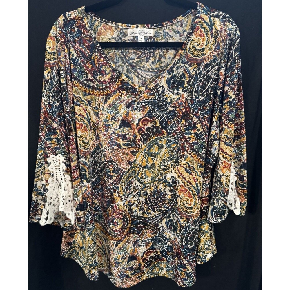 Stem & Vine Multicolor Paisley Scoop Neck Lace 3/4 Bell Sleeve Blouse 2X